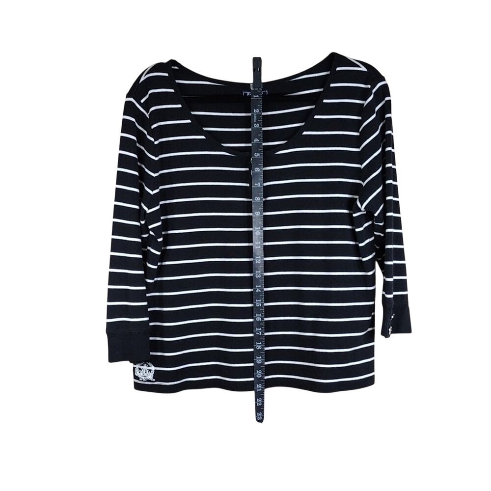 American Living Top Women’s XL Black White Striped Henley 3/4 Sleeve Cotton - Picture 3 of 8